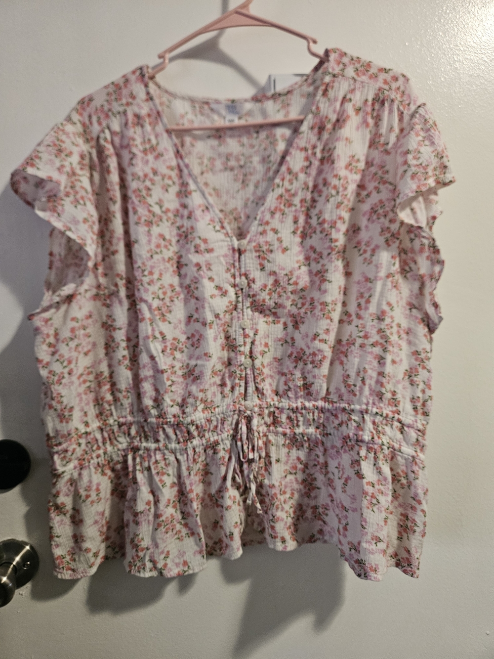 Time and Tru Pink Floral V-Neck Tie-Waist Peplum Blouse